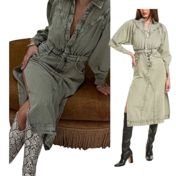 Free People Green Denim Midi Dress NWT sz S - Picture 3 of 9